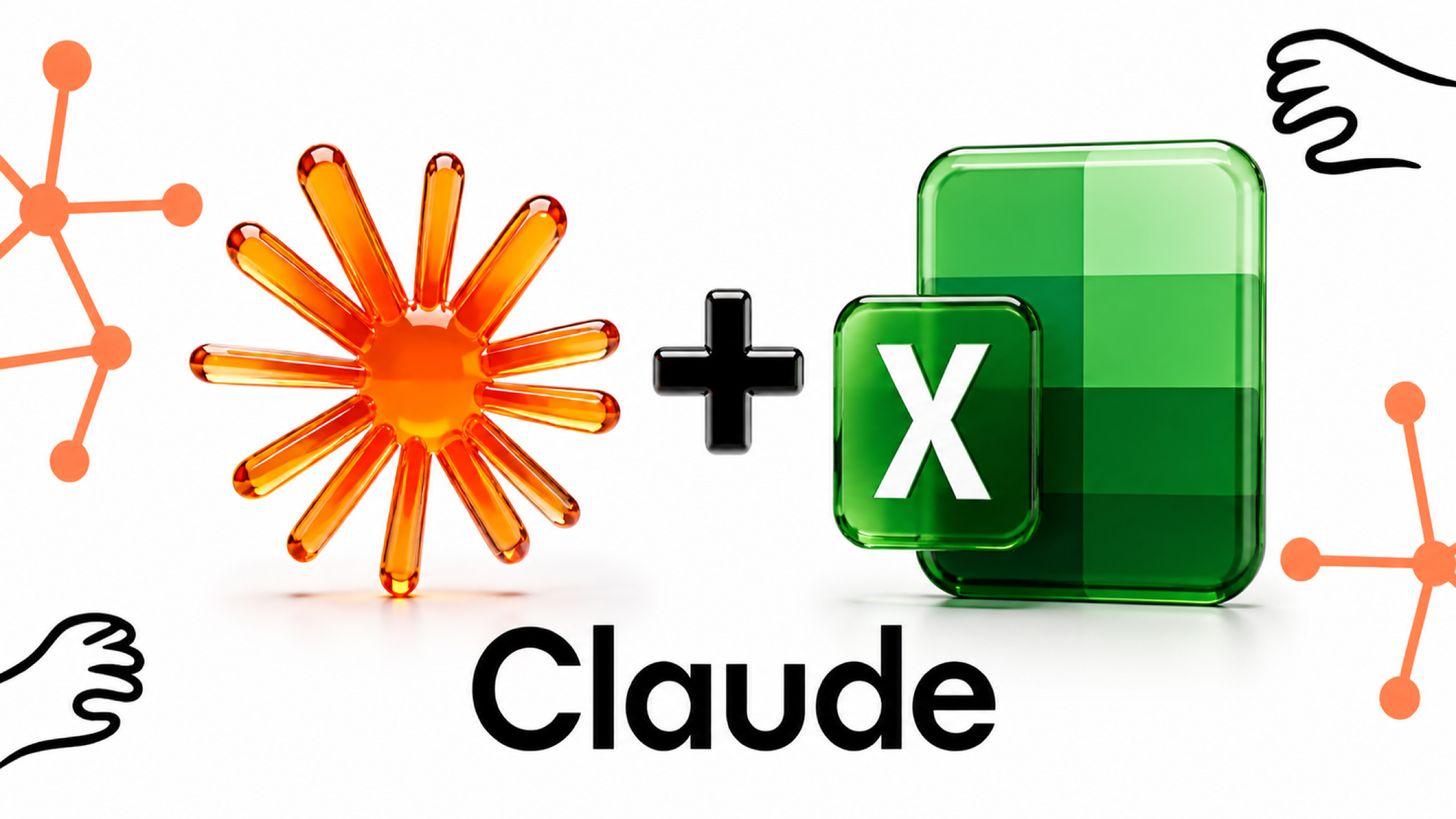 Claude AI Logo neben Microsoft Excel Icon, 3D-Glas-Rendering auf weißem Hintergrund