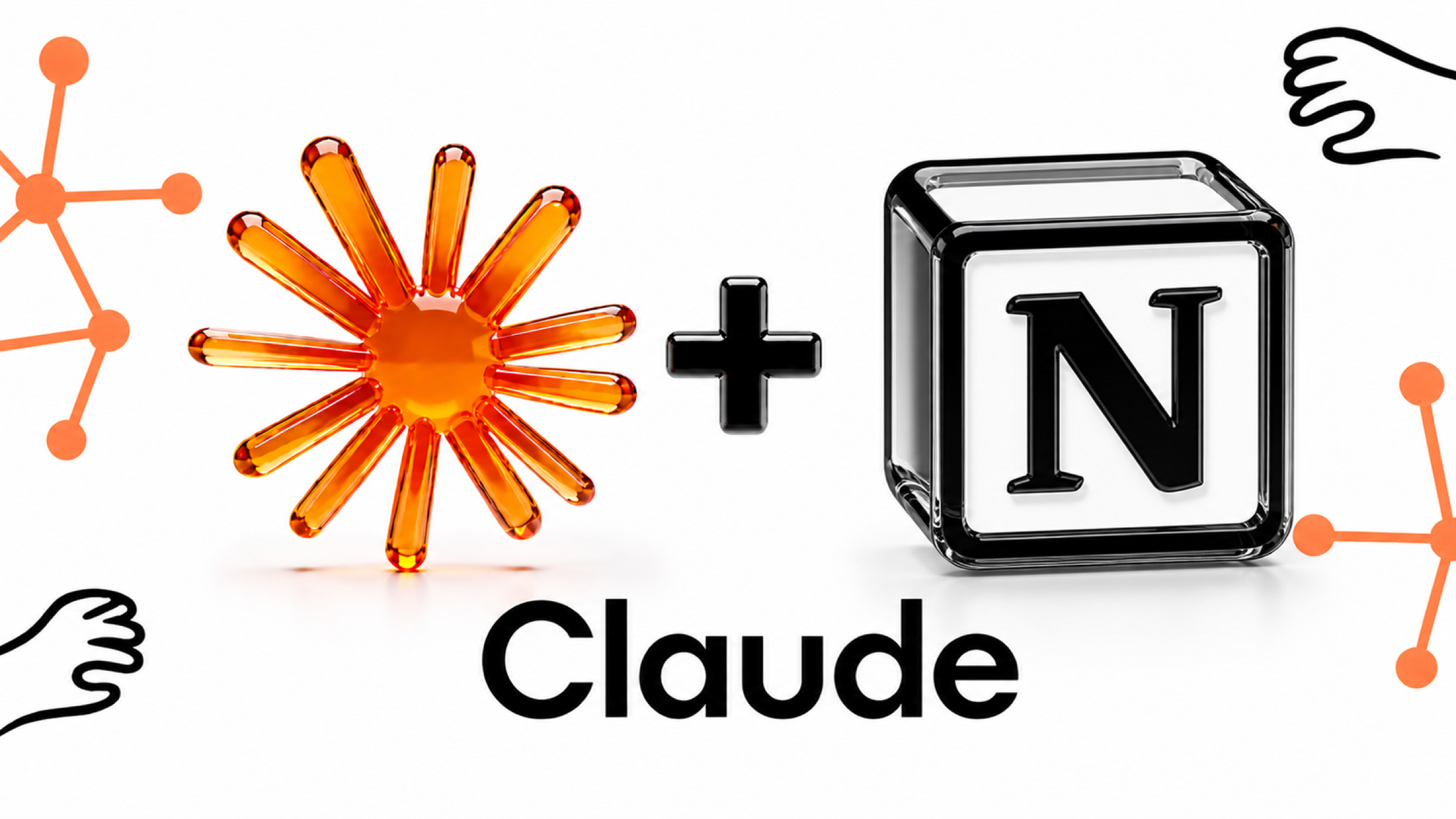 Claude AI Logo neben Notion N Logo, 3D-Glas-Rendering auf weißem Hintergrund